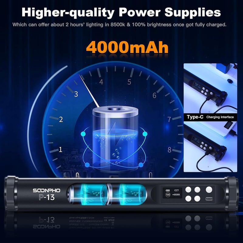 soonpho RGB LED Video Light Wand Stick,360° Full RGB Magnetic Tube Light,3200K~8500K,Rechargeable 4000mAh Battery for Photography YouTube Vlog - Image 3